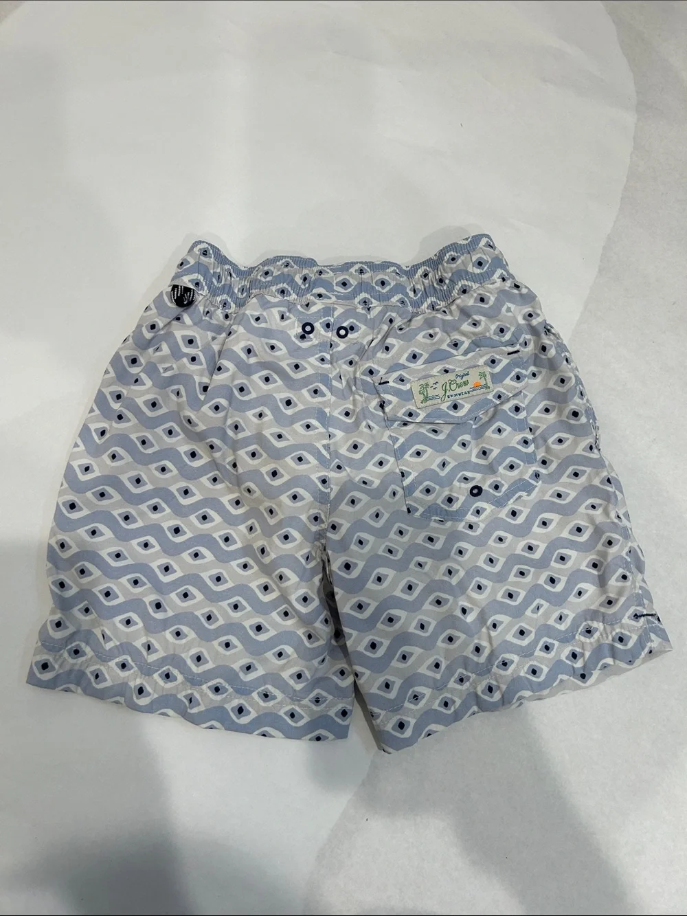 Crewcuts Boys Light Blue Geometric Swim Trunks small size 6 bathing suit